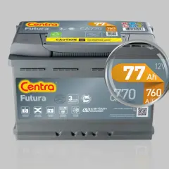 Akumulator Centra Futura 77 Ah, 760 A. Powiększenie uwydatnia kluczowe parametry akumulatora.