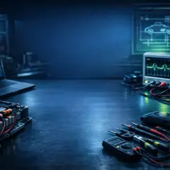 Warsztat diagnostyczny: akumulator, oscyloskop, laptop i narzędzia. Analiza DTC (Diagnostic Trouble Code) to klucz do zrozumienia problemów z pojazdem.