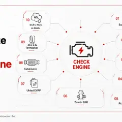 Lista kody błędów: świece, cewki, wtryskiwacze, sonda lambda, przepływomierz MAF, zawór EGR, układ EVAP, katalizator, termostat, SCR/NOx.