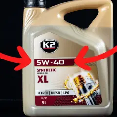 Olej K2 5W-40 Synthetic XL, z oznaczeniem API SL/CF, idealny do silników benzynowych, diesla i LPG.