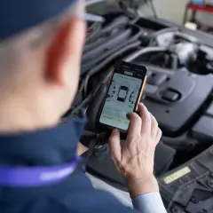 Mechanik sprawdza na telefonie raport z pomiaru lakieru i szczelin, szukając informacji o kodach błędów DTC.