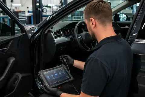 Mechanik wykonuje diagnostykę komputerową samochodu, używając tabletu do analizy systemów pojazdu.