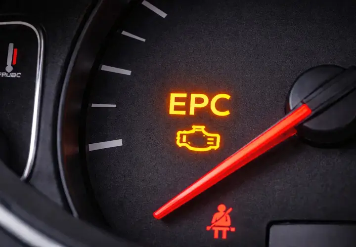 Świecąca kontrolka EPC na desce rozdzielczej Škoda Fabia sygnalizuje problem z silnikiem.