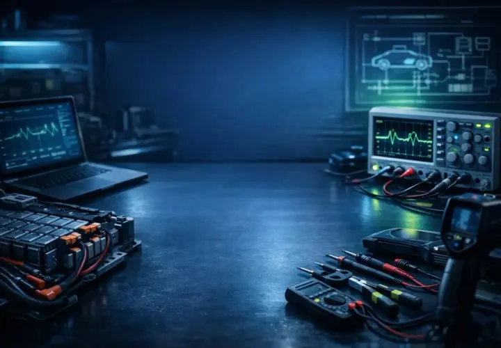 Warsztat diagnostyczny: akumulator, oscyloskop, laptop i narzędzia. Analiza DTC (Diagnostic Trouble Code) to klucz do zrozumienia problemów z pojazdem.