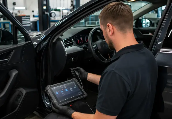 Mechanik wykonuje diagnostykę komputerową samochodu, używając tabletu do analizy systemów pojazdu.