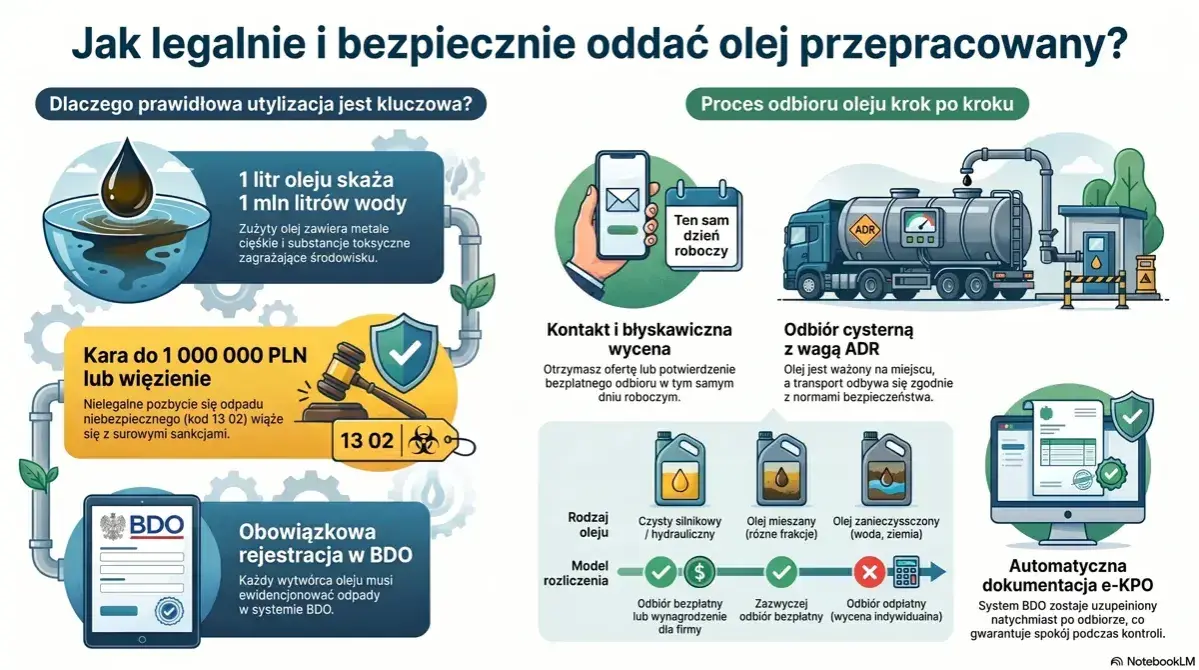 Proces odbioru zużytego oleju silnikowego: kontakt, wycena, ważenie cysterną ADR, rejestracja w BDO i automatyczna e-KPO.