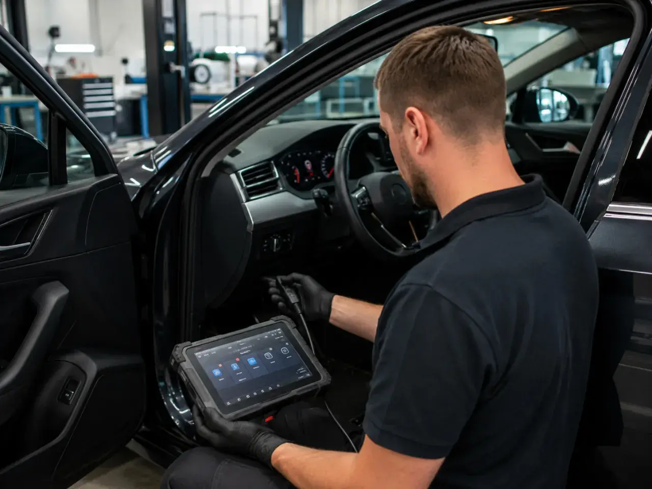 Mechanik wykonuje diagnostykę komputerową samochodu, używając tabletu do analizy systemów pojazdu.