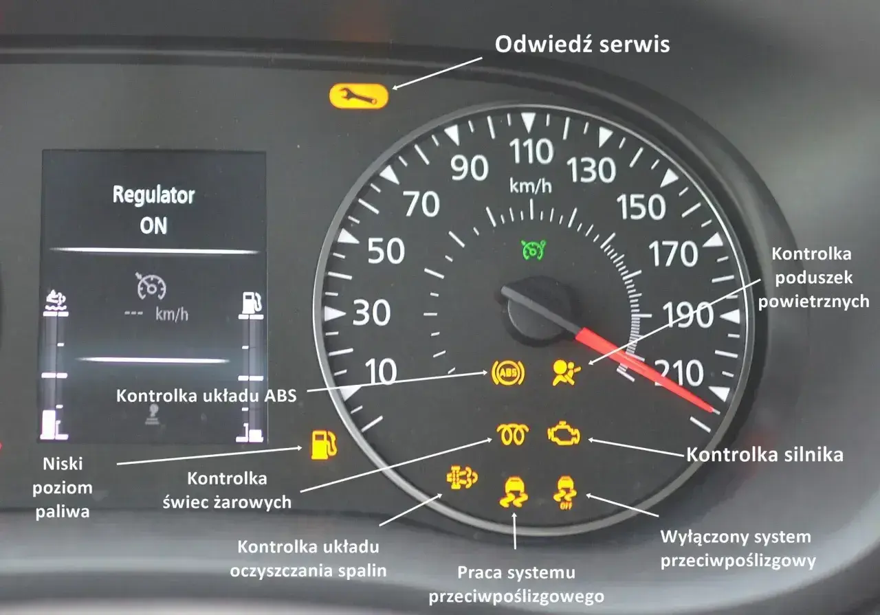Na desce rozdzielczej świeci się kontrolka samochód w poślizgu, obok kontrolki silnika i poduszek powietrznych.
