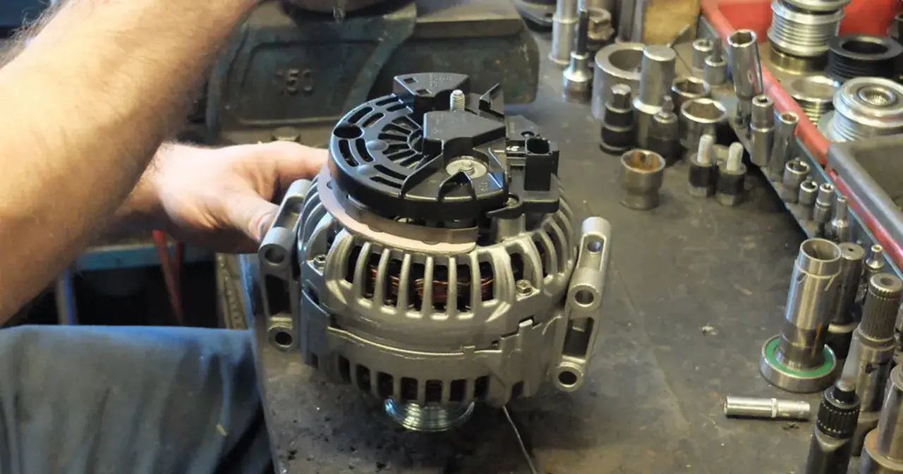 Mechanik pracuje nad regeneracją alternatora. Na stole widać narzędzia i części.