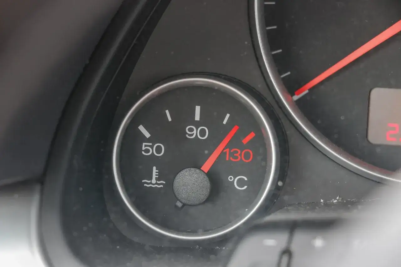 Wskaźnik temperatury silnika pokazuje wysoką temperaturę płynu chłodniczego, zbliżającą się do 130°C.