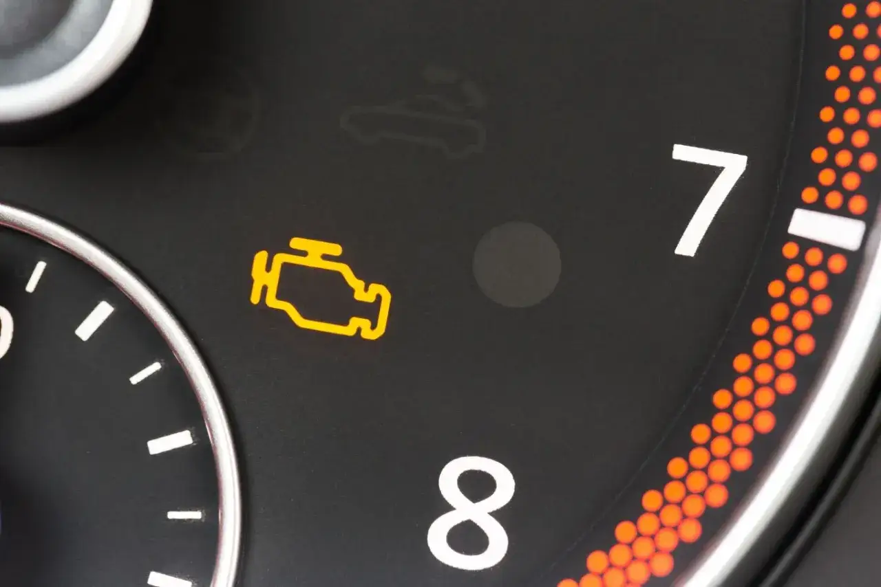 Żółta kontrolka check engine świeci się, sugerując problem z silnikiem lub słabe paliwo.