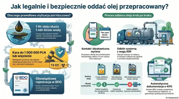 Proces odbioru zużytego oleju silnikowego: kontakt, wycena, ważenie cysterną ADR, rejestracja w BDO i automatyczna e-KPO.